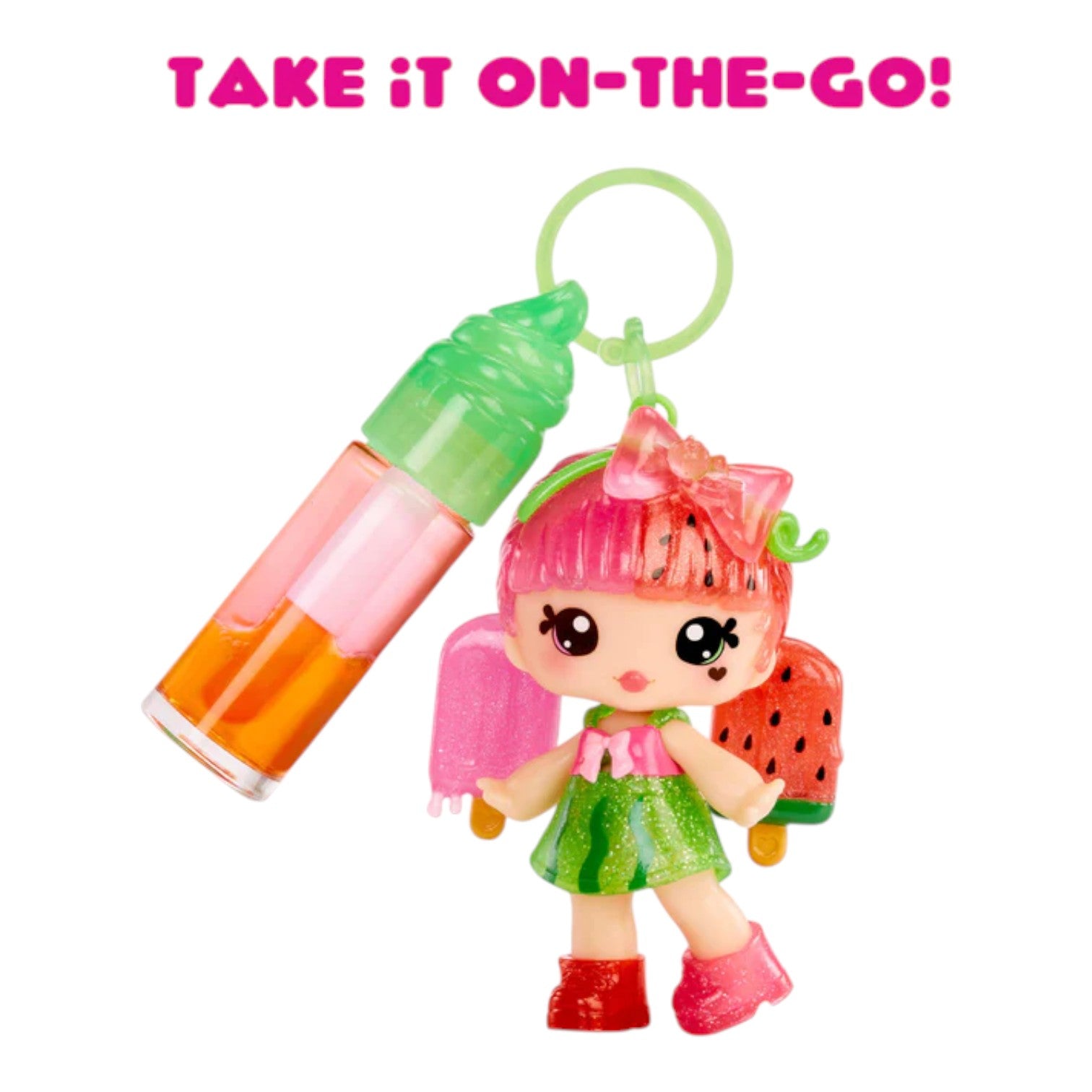 Yummiland Lip Gloss Doll Poppy Melonberry keychain with a character holding a watermelon and a drink, with text 'Take it on-the-go!' above.