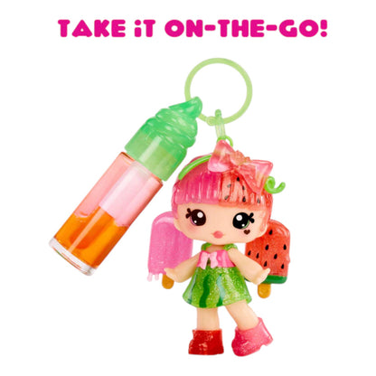 Yummiland Lip Gloss Doll Poppy Melonberry keychain with a character holding a watermelon and a drink, with text 'Take it on-the-go!' above.