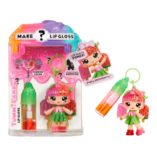 Yummiland Lip Gloss Doll Poppy Melonberry set with a character keychain and packaging on a white background