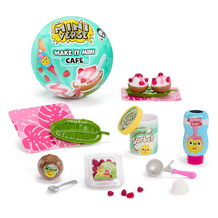 MGA's Miniverse Make It Mini Food Cafe Series 6 surprise capsule and crafted miniature coconut sorbet with raspberry syrup.