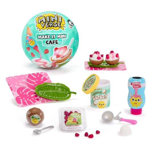 MGA's Miniverse Make It Mini Food Cafe Series 6 surprise capsule and crafted miniature coconut sorbet with raspberry syrup.