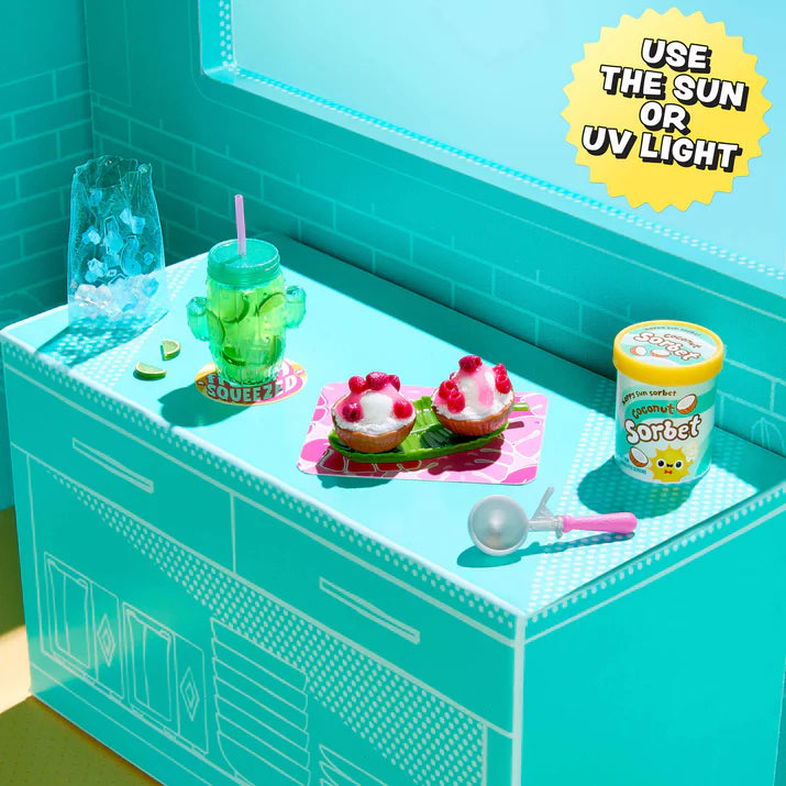 MGA's Miniverse Make It Mini Food Cafe Series 6 surprise capsule and crafted miniature coconut sorbet with raspberry syrup.