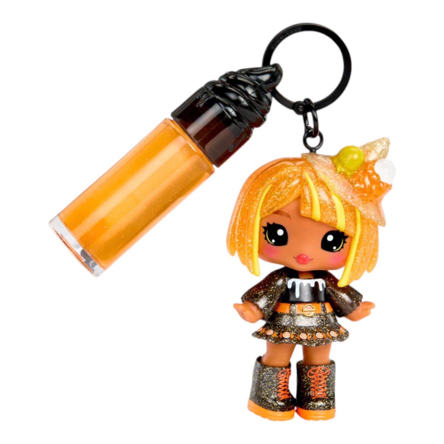 Keychain with a small figurine and orange bottle on a white background