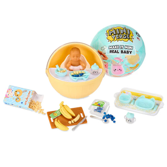 MGA's Miniverse Make It Mini Real Baby Series 1 surprise capsule with miniature baby doll, high chair, and crafted baby food.