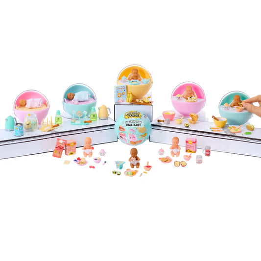 MGA's Miniverse Make It Mini Real Baby Series 1 surprise capsule with miniature baby doll, high chair, and crafted baby food.