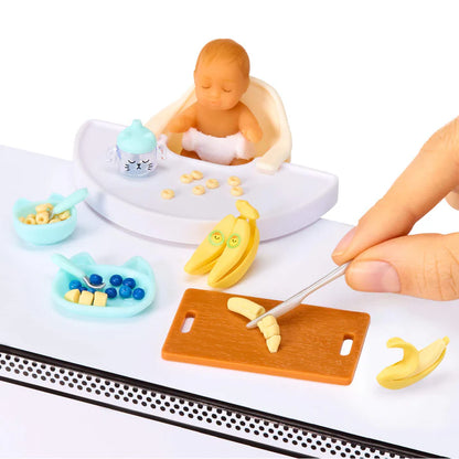 MGA's Miniverse Make It Mini Real Baby Series 1 surprise capsule with miniature baby doll, high chair, and crafted baby food.