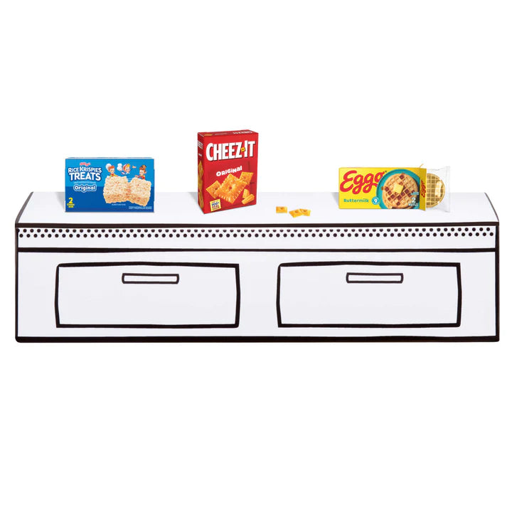 Snack packages on a white surface with black outlines of a shelf.