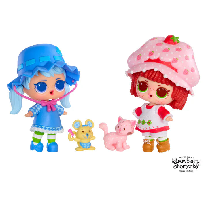 L.O.L. Surprise Loves Strawberry Shortcake scented Tot doll next to her pet cat and transforming Strawberry House playset capsule.