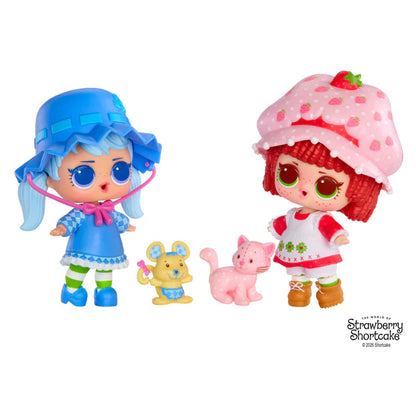 L.O.L. Surprise Loves Strawberry Shortcake scented Tot doll next to her pet cat and transforming Strawberry House playset capsule.