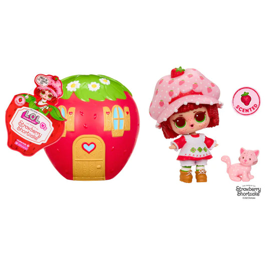 L.O.L. Surprise Loves Strawberry Shortcake scented Tot doll next to her pet cat and transforming Strawberry House playset capsule.