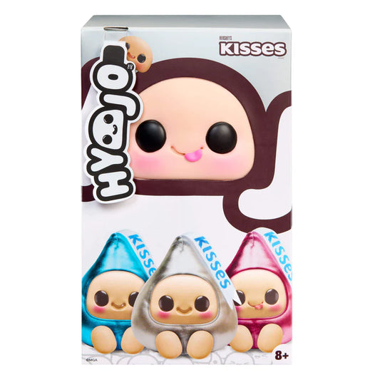 Hyojo Hershey's Kisses Series blind box collectible plush featuring cute expressive faces inside metallic pink, blue, and silver Hershey's Kisses wrappers.
