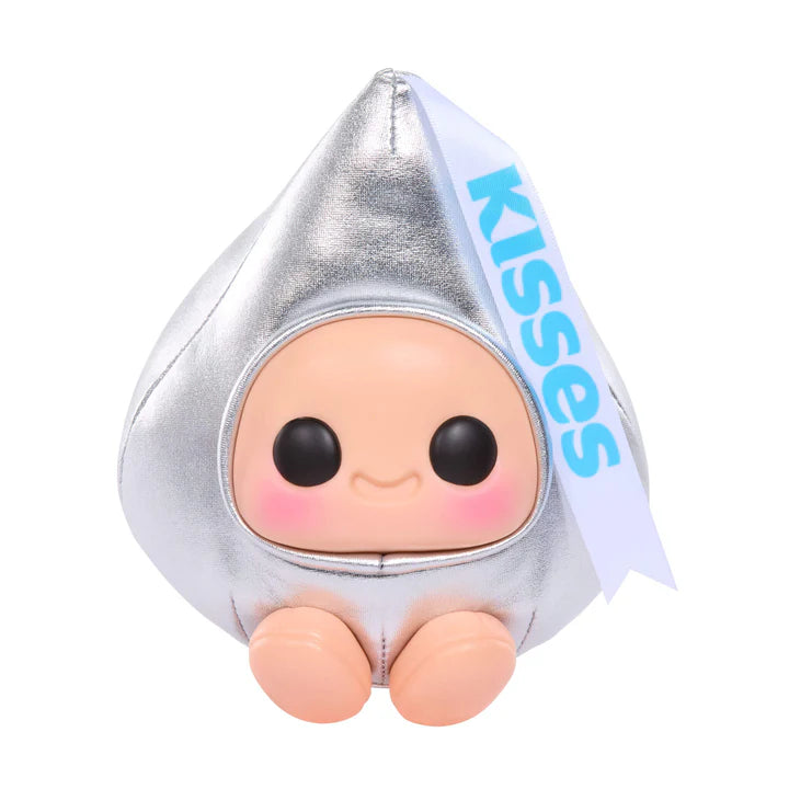Hyojo Hershey's Kisses Series blind box collectible plush featuring cute expressive faces inside metallic pink, blue, and silver Hershey's Kisses wrappers.