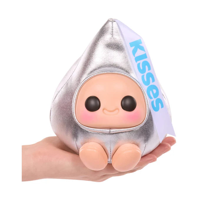 Hyojo Hershey's Kisses Series blind box collectible plush featuring cute expressive faces inside metallic pink, blue, and silver Hershey's Kisses wrappers.