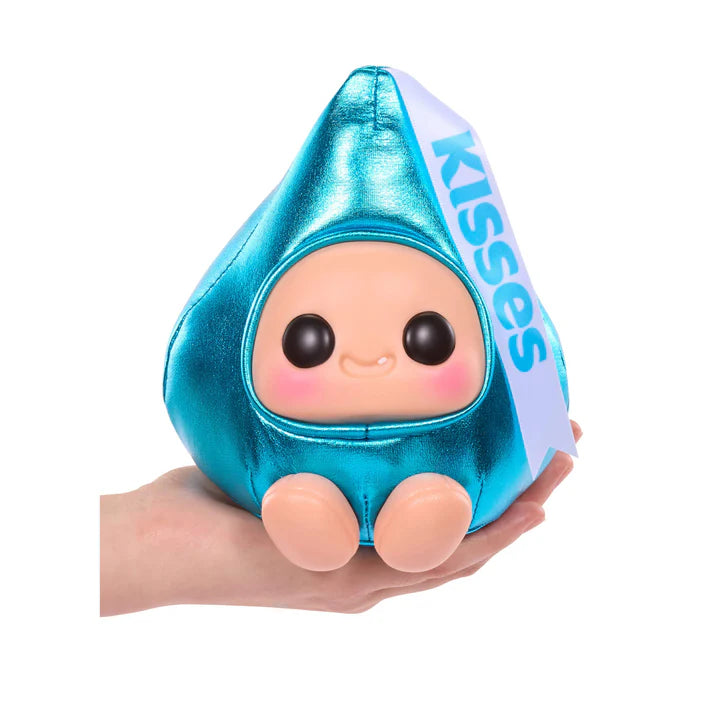 Hyojo Hershey's Kisses Series blind box collectible plush featuring cute expressive faces inside metallic pink, blue, and silver Hershey's Kisses wrappers.