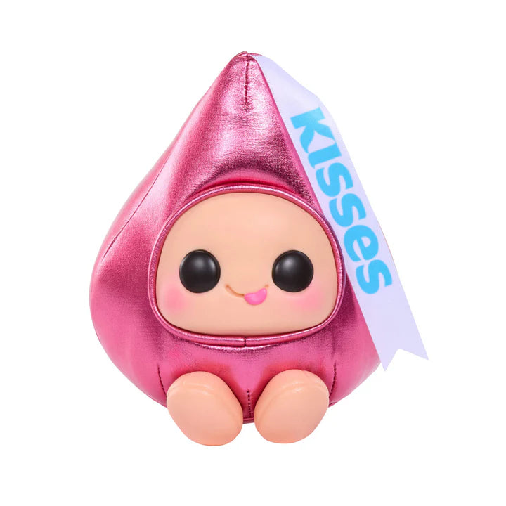 Hyojo Hershey's Kisses Series blind box collectible plush featuring cute expressive faces inside metallic pink, blue, and silver Hershey's Kisses wrappers.