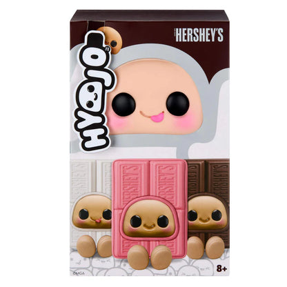 yojo Hershey's Series blind box collectible plush featuring cute expressive faces inside brown chocolate, white chocolate, and pink strawberry chocolate bar wrapper designs.