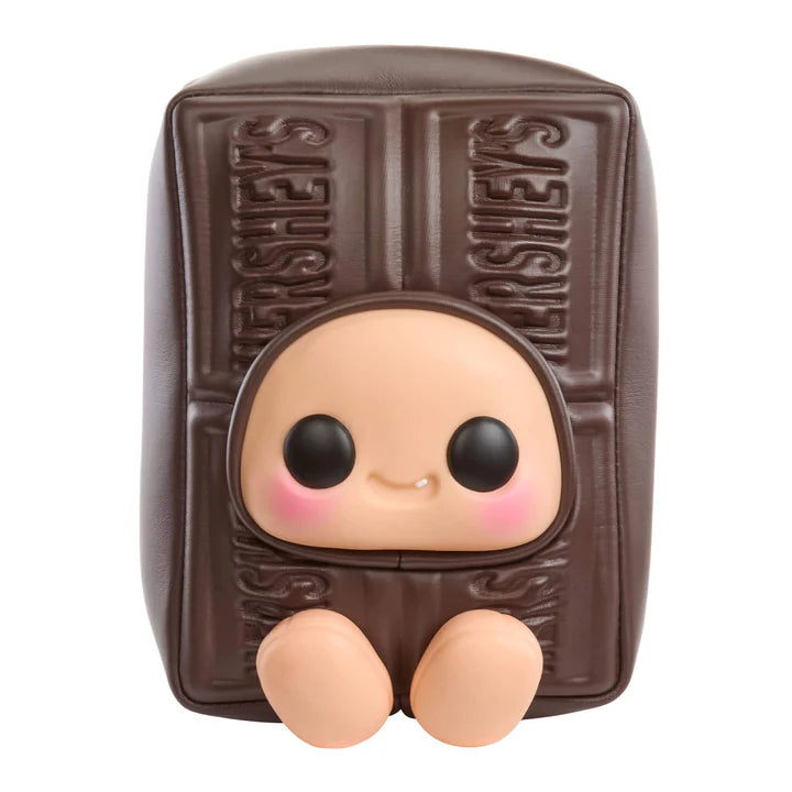 yojo Hershey's Series blind box collectible plush featuring cute expressive faces inside brown chocolate, white chocolate, and pink strawberry chocolate bar wrapper designs.