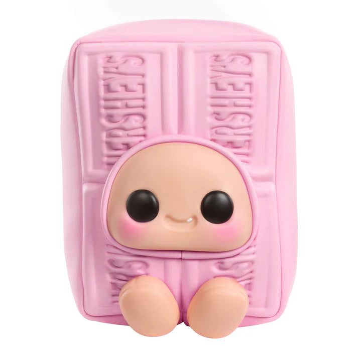 yojo Hershey's Series blind box collectible plush featuring cute expressive faces inside brown chocolate, white chocolate, and pink strawberry chocolate bar wrapper designs.