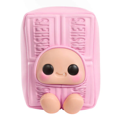 yojo Hershey's Series blind box collectible plush featuring cute expressive faces inside brown chocolate, white chocolate, and pink strawberry chocolate bar wrapper designs.