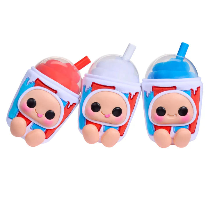Hyojo ICEE Slushies Series blind box collectible plush featuring cute expressive faces inside cherry, blue raspberry, and white cherry soda slushie cups.