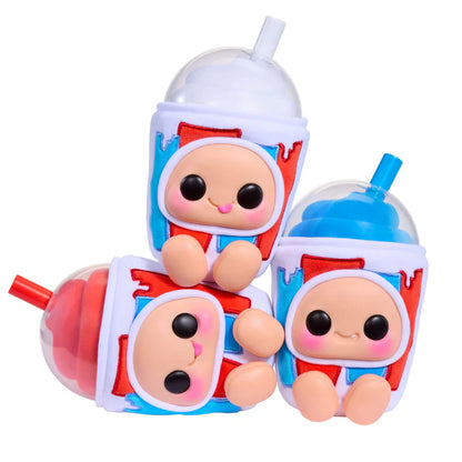 Hyojo ICEE Slushies Series blind box collectible plush featuring cute expressive faces inside cherry, blue raspberry, and white cherry soda slushie cups.