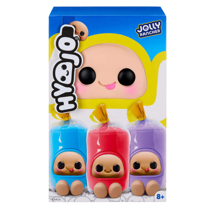 Hyojo Jolly Rancher Series blind box collectible plush featuring cute expressive faces inside blue raspberry, cherry, and grape candy wrappers.