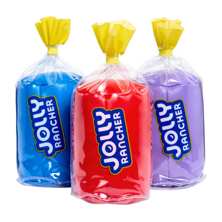 Hyojo Jolly Rancher Series blind box collectible plush featuring cute expressive faces inside blue raspberry, cherry, and grape candy wrappers.
