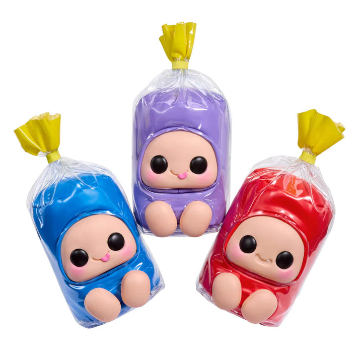 Hyojo Jolly Rancher Series blind box collectible plush featuring cute expressive faces inside blue raspberry, cherry, and grape candy wrappers.