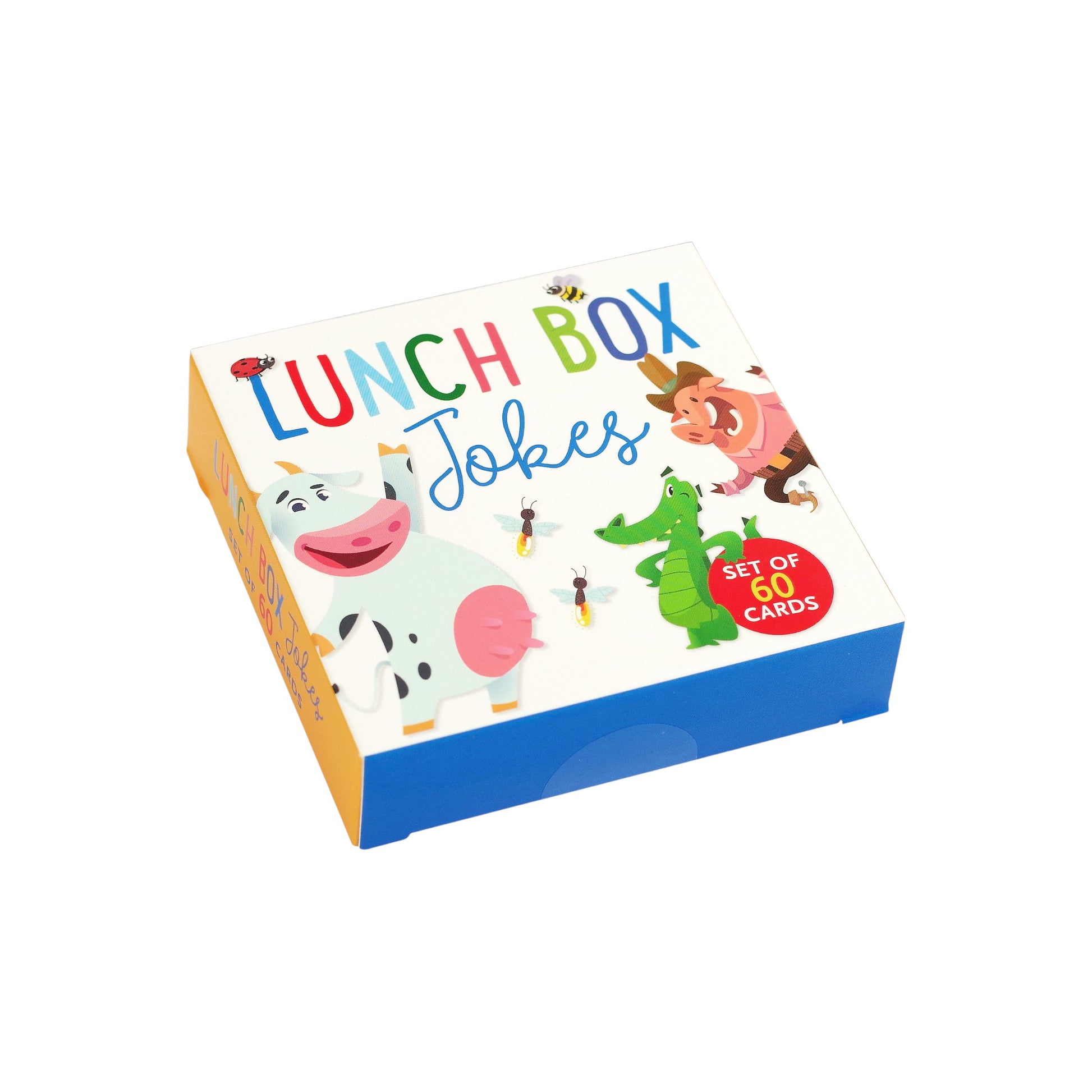 60-Count Lunch Box Jokes for Kids, a reusable box containing small colorful cards with silly jokes and riddles