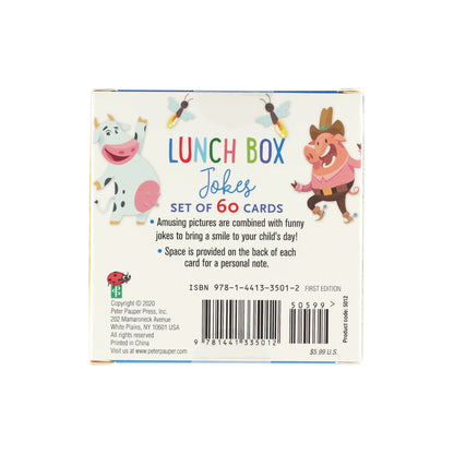 60-Count Lunch Box Jokes for Kids, a reusable box containing small colorful cards with silly jokes and riddles