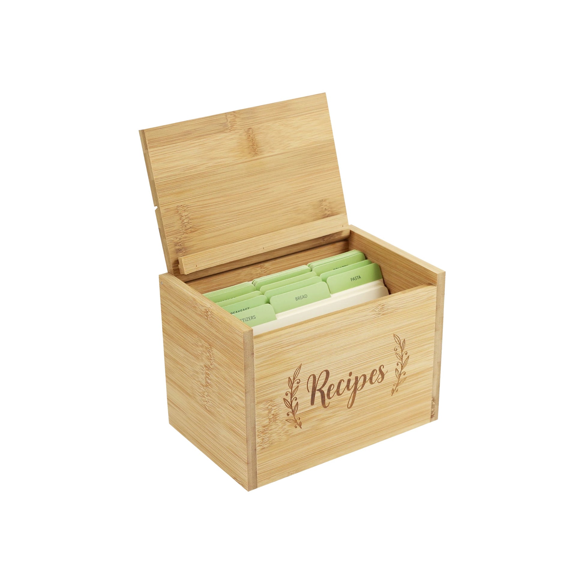 75-Piece Bamboo Recipe Box Set, featuring a sustainably sourced bamboo box with 50 archival recipe cards and 22 tabbed dividers