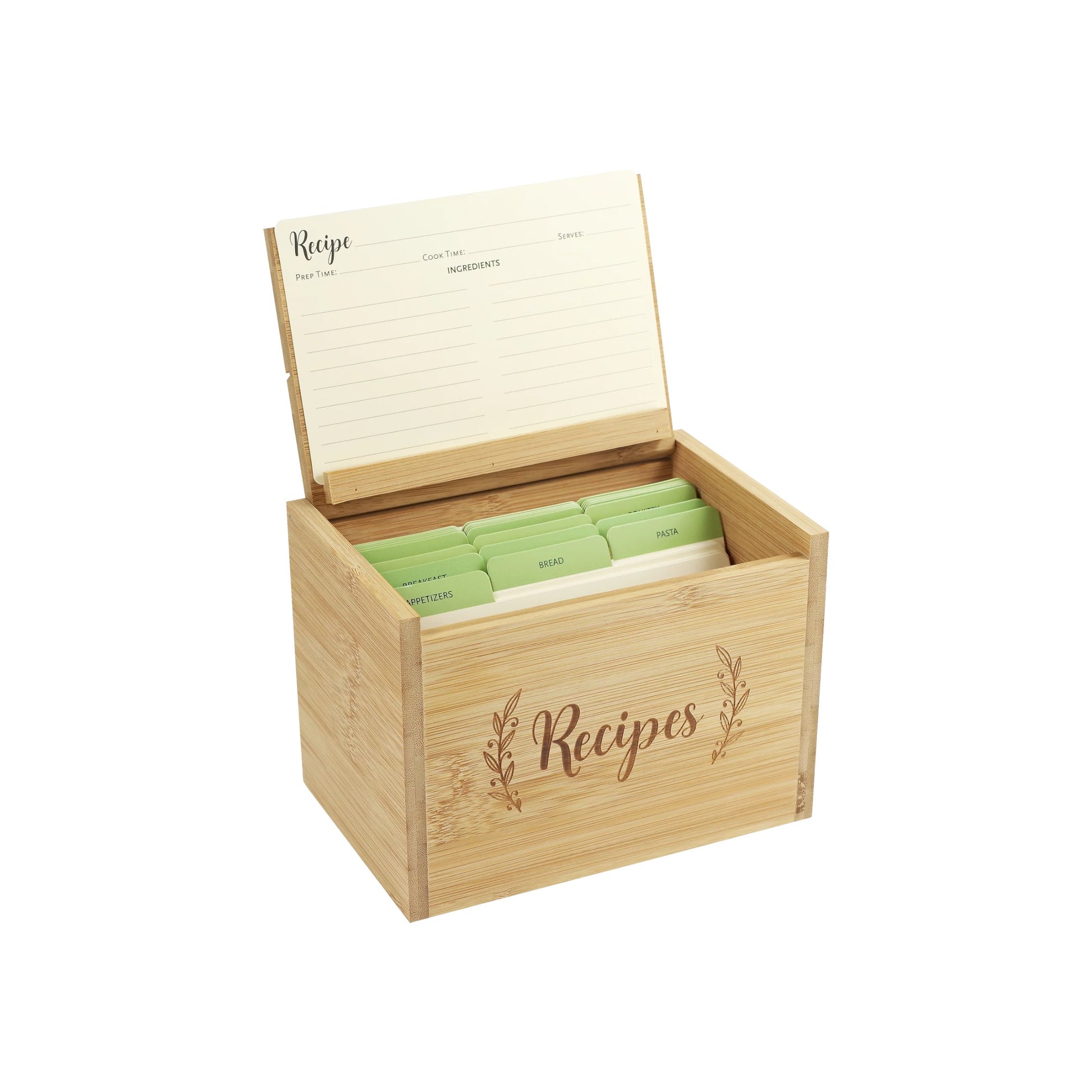 75-Piece Bamboo Recipe Box Set, featuring a sustainably sourced bamboo box with 50 archival recipe cards and 22 tabbed dividers