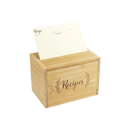 75-Piece Bamboo Recipe Box Set, featuring a sustainably sourced bamboo box with 50 archival recipe cards and 22 tabbed dividers