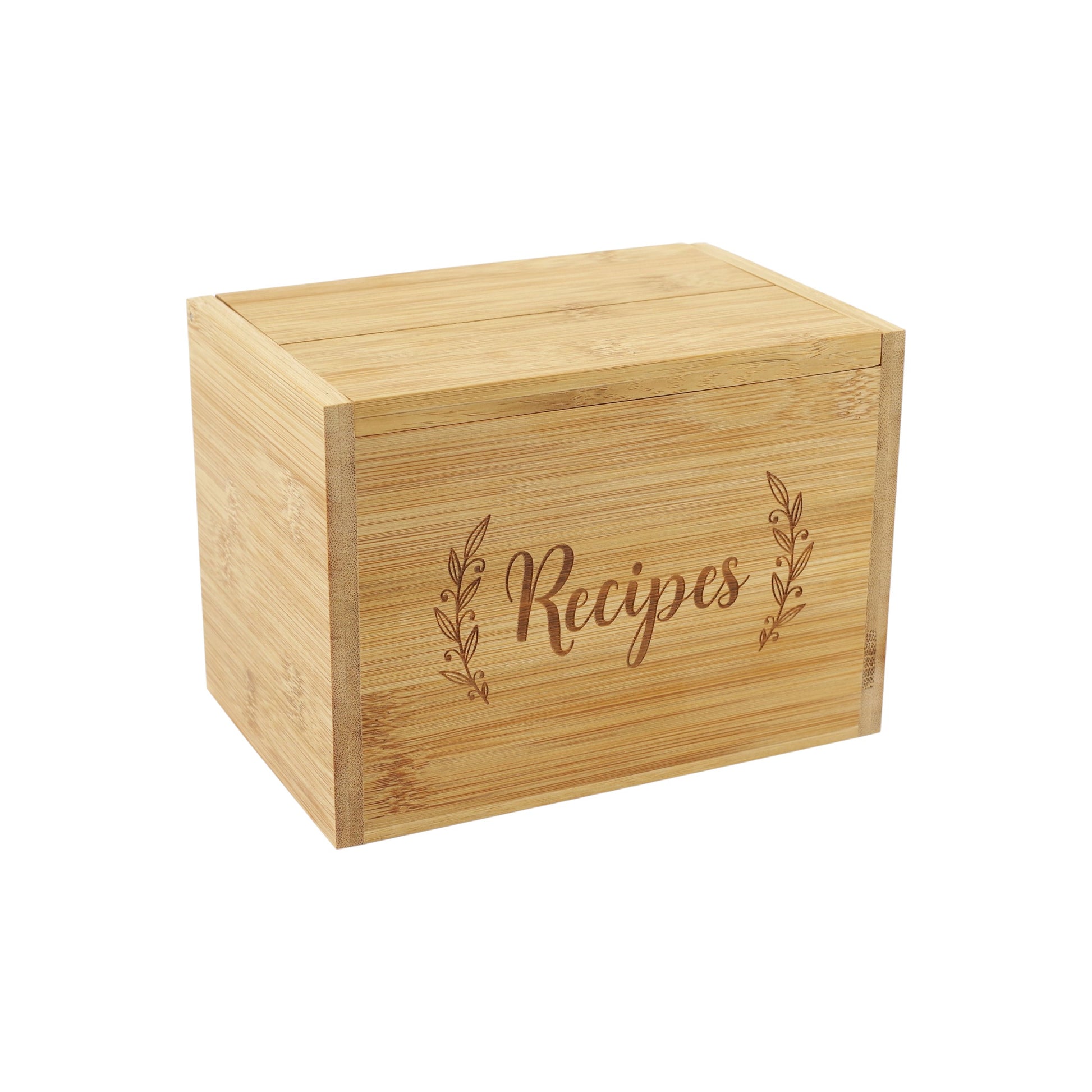 75-Piece Bamboo Recipe Box Set, featuring a sustainably sourced bamboo box with 50 archival recipe cards and 22 tabbed dividers