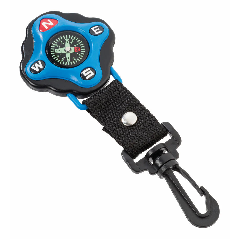 Compass with blue casing, black strap, and carabiner on a white background