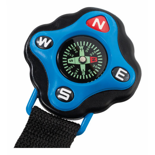 Compass with blue casing and black strap on a white background