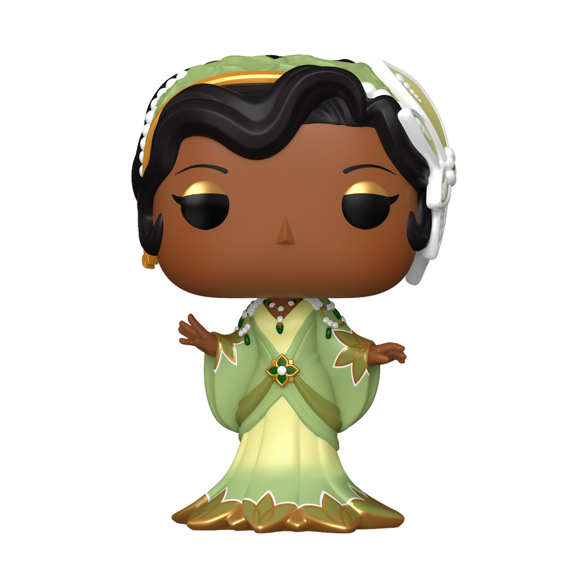Funko Pop! Disney Tiana vinyl figure wearing a green and gold lily pad-inspired gown, gold jewelry, and a floral headpiece.