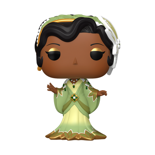 Funko Pop! Disney Tiana vinyl figure wearing a green and gold lily pad-inspired gown, gold jewelry, and a floral headpiece.
