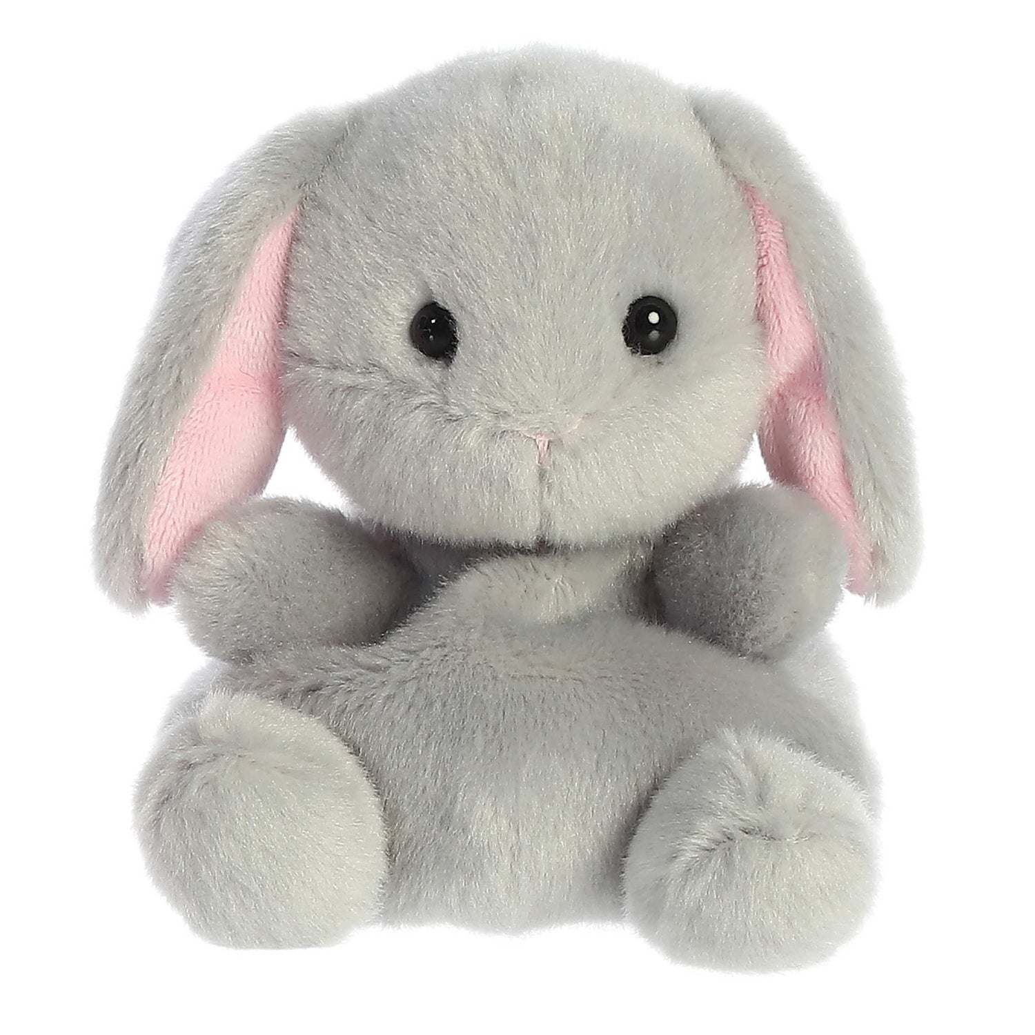 A product photo of the Palm Pals Pebbles Bunny 5-Inch Plush, a soft slate-grey bunny stuffed animal with floppy pink-lined ears, sitting on a white background.