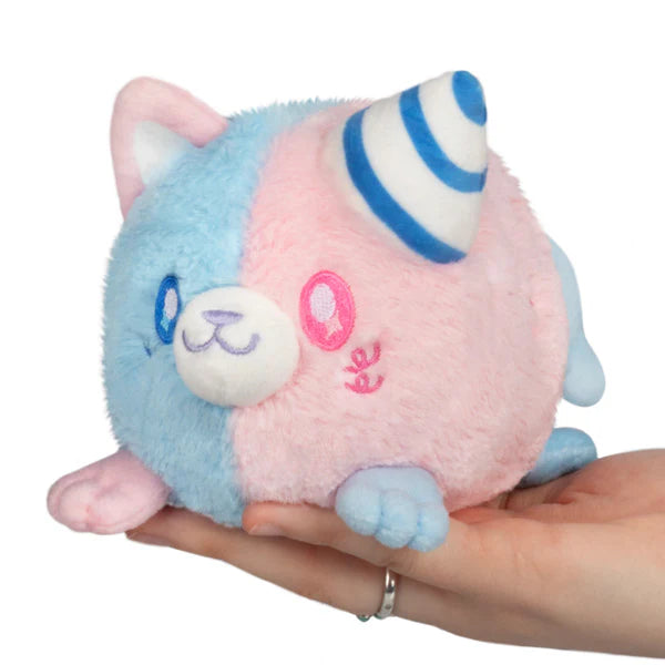 Squishable Alter Egos Cotton Candy Kitty 4-Inch Plush, a half-pink and half-blue cat soft toy with a striped horn