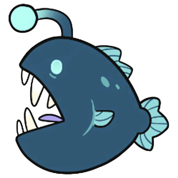 Cartoonish blue fish with a large mouth on a white background