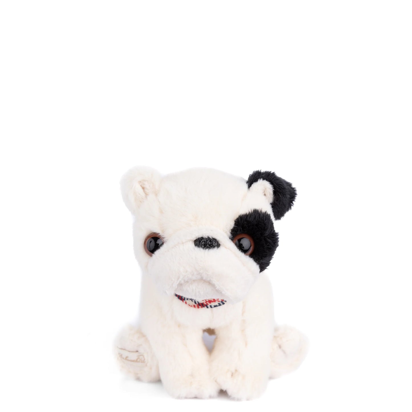 Bukowski Bears Baby Gentleman bulldog puppy plush featuring soft white fur, a black spot over one eye, and a plaid collar.