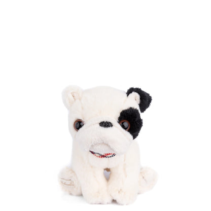 Bukowski Bears Baby Gentleman bulldog puppy plush featuring soft white fur, a black spot over one eye, and a plaid collar.