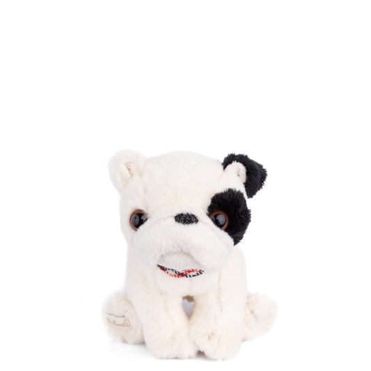 Bukowski Bears Baby Gentleman bulldog puppy plush featuring soft white fur, a black spot over one eye, and a plaid collar.