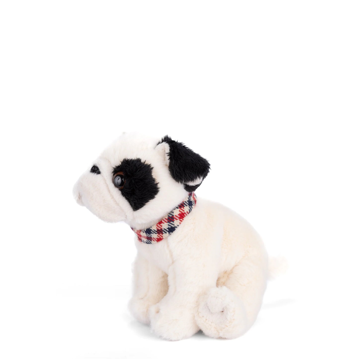 Bukowski Bears Baby Gentleman bulldog puppy plush featuring soft white fur, a black spot over one eye, and a plaid collar.
