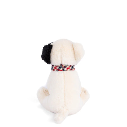 Bukowski Bears Baby Gentleman bulldog puppy plush featuring soft white fur, a black spot over one eye, and a plaid collar.