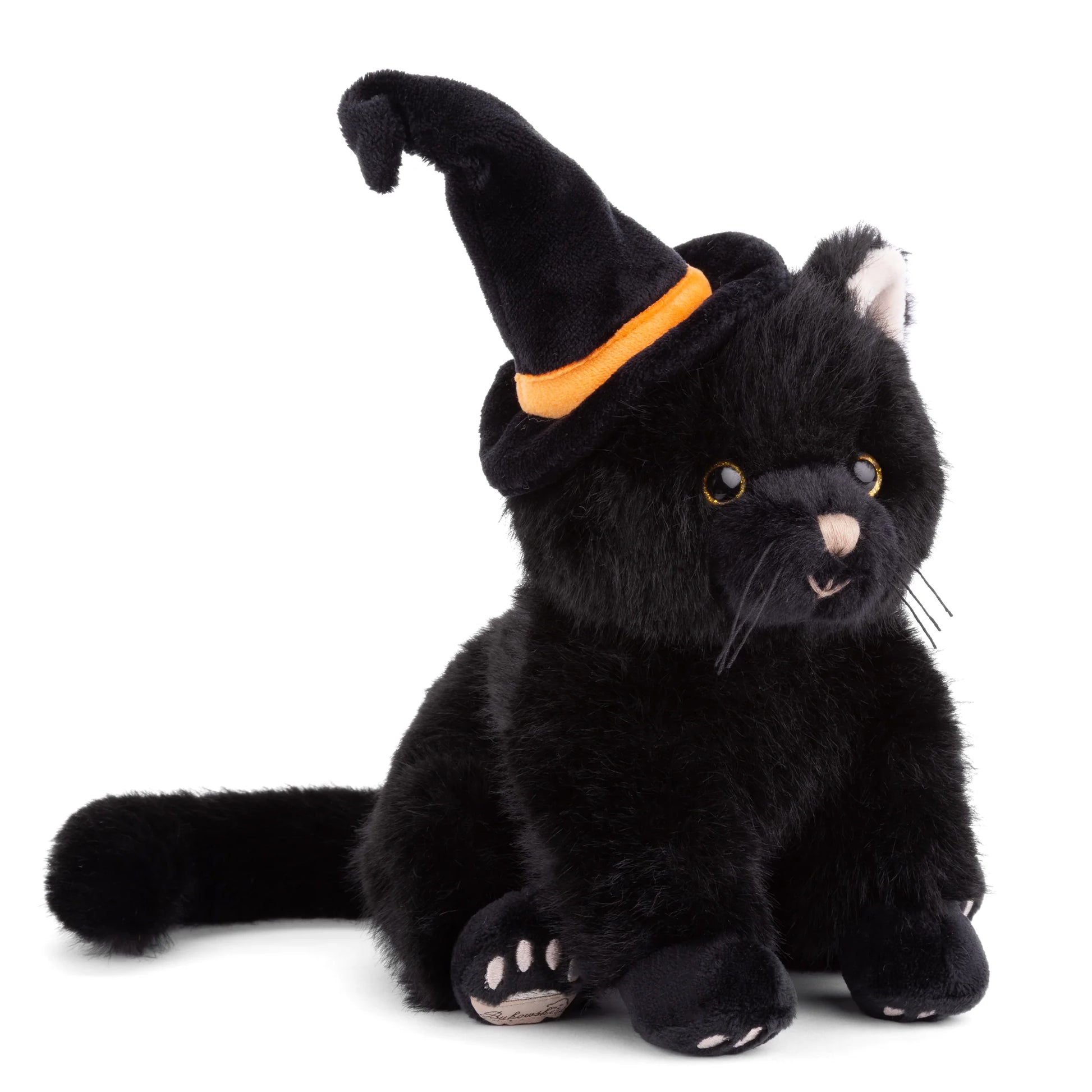 Bukowski Bears Bambo Black Cat plush sitting upright featuring soft midnight-black fur, golden eyes, and a tall black witch hat with an orange band.