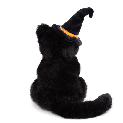 Bukowski Bears Bambo Black Cat plush sitting upright featuring soft midnight-black fur, golden eyes, and a tall black witch hat with an orange band.