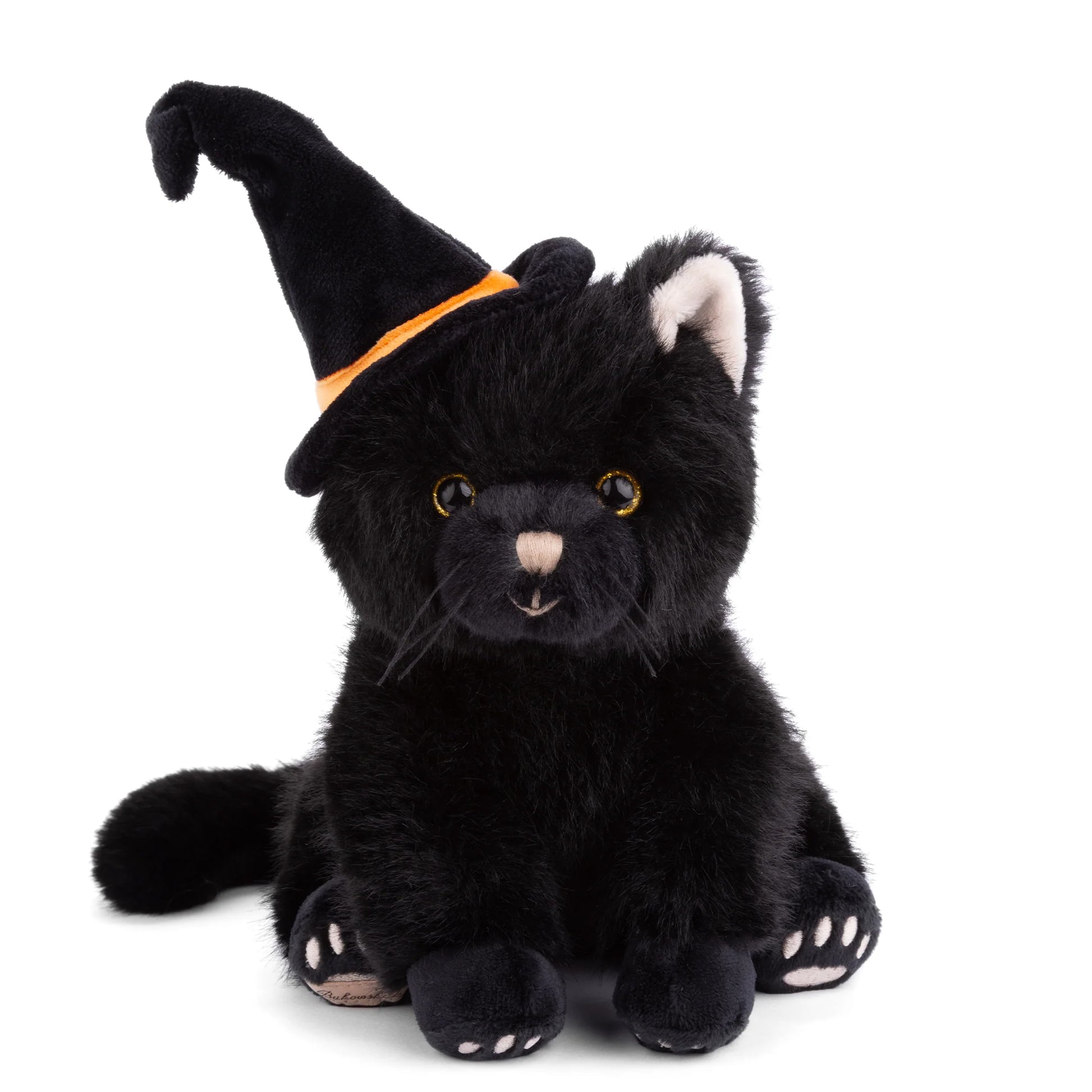Bukowski Bears Bambo Black Cat plush sitting upright featuring soft midnight-black fur, golden eyes, and a tall black witch hat with an orange band.