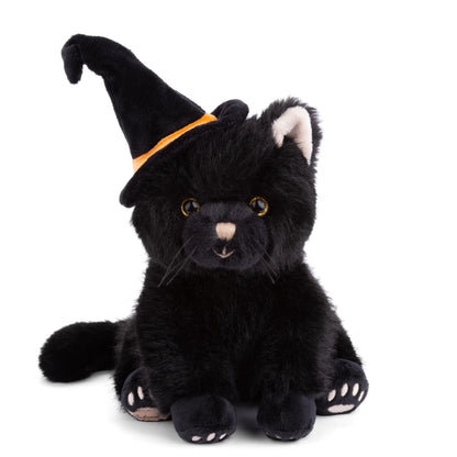 Bukowski Bears Bambo Black Cat plush sitting upright featuring soft midnight-black fur, golden eyes, and a tall black witch hat with an orange band.